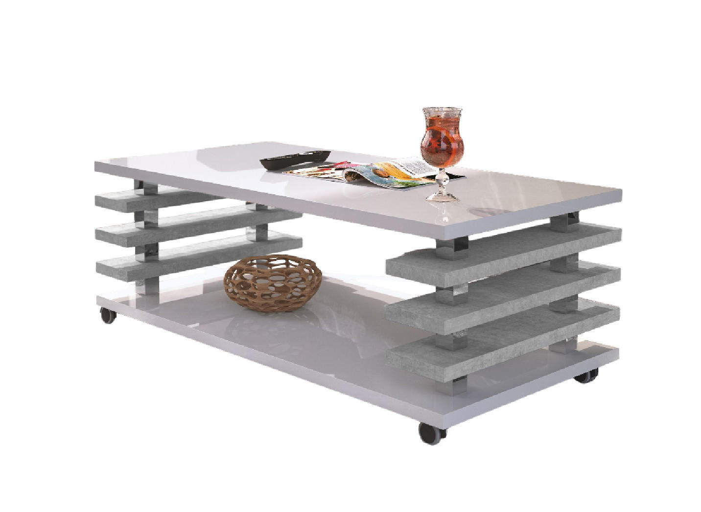 COUCHTISCH rechteckig Weiß Hochglanz - Beton Ablage Rollen - Weiß Hochglanz/Hellgrau, Holzwerkstoff (60/120/45cm) - designimpex