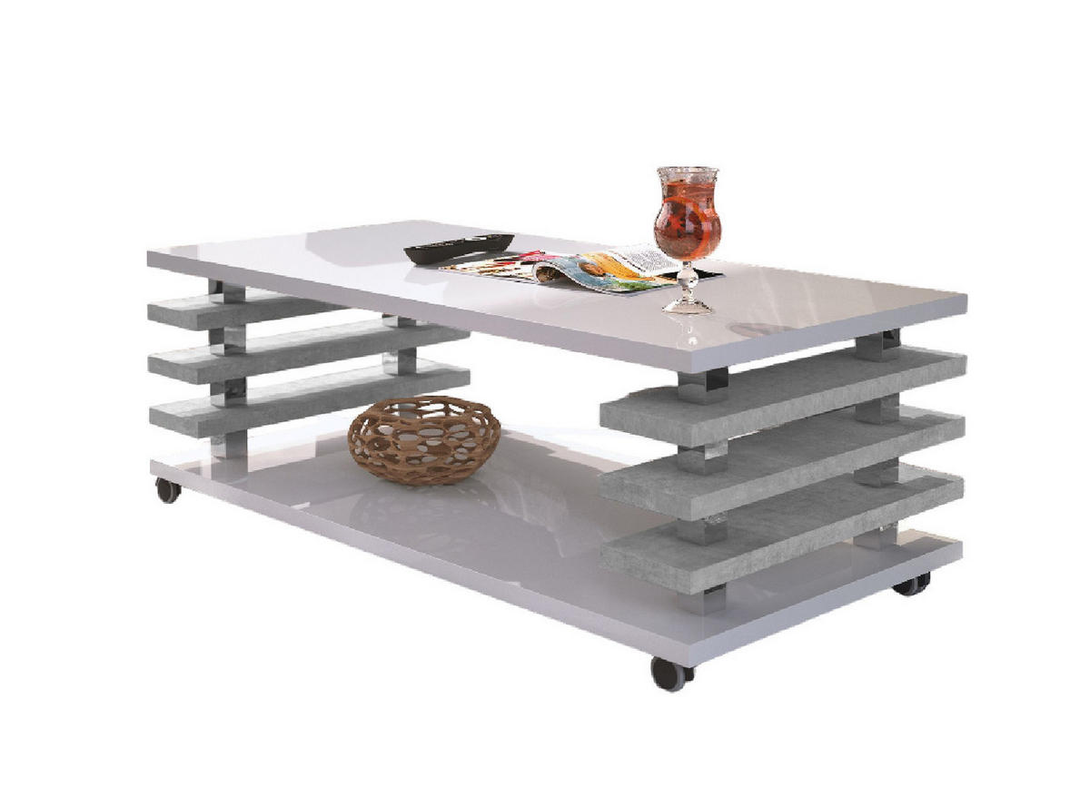 COUCHTISCH rechteckig Weiß Hochglanz - Beton Ablage Rollen - Weiß Hochglanz/Hellgrau, Holzwerkstoff (60/120/45cm) - designimpex