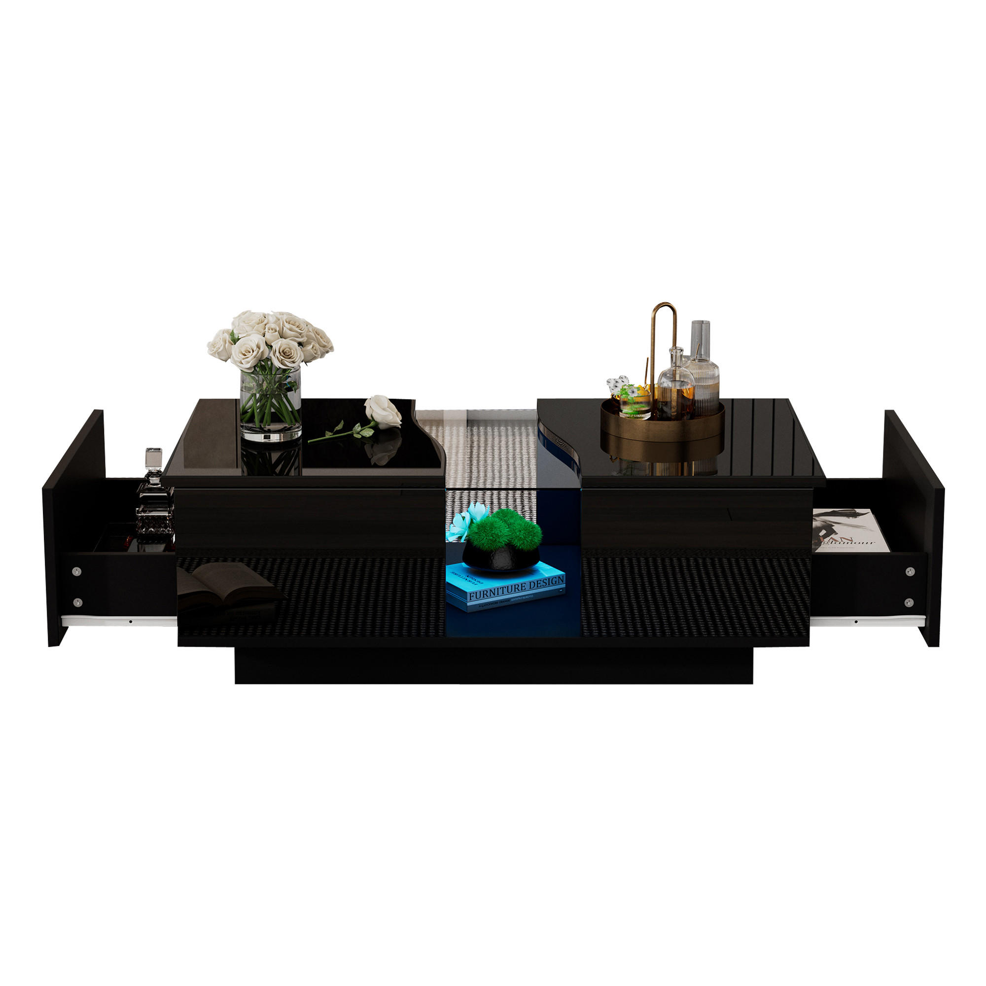 COUCHTISCH 100/50/35 cm schwarz Hochglanz mit 2 Schubladen und LED-Beleuchtung - Schwarz, Holzwerkstoff (100/50/35cm) - OKWISH