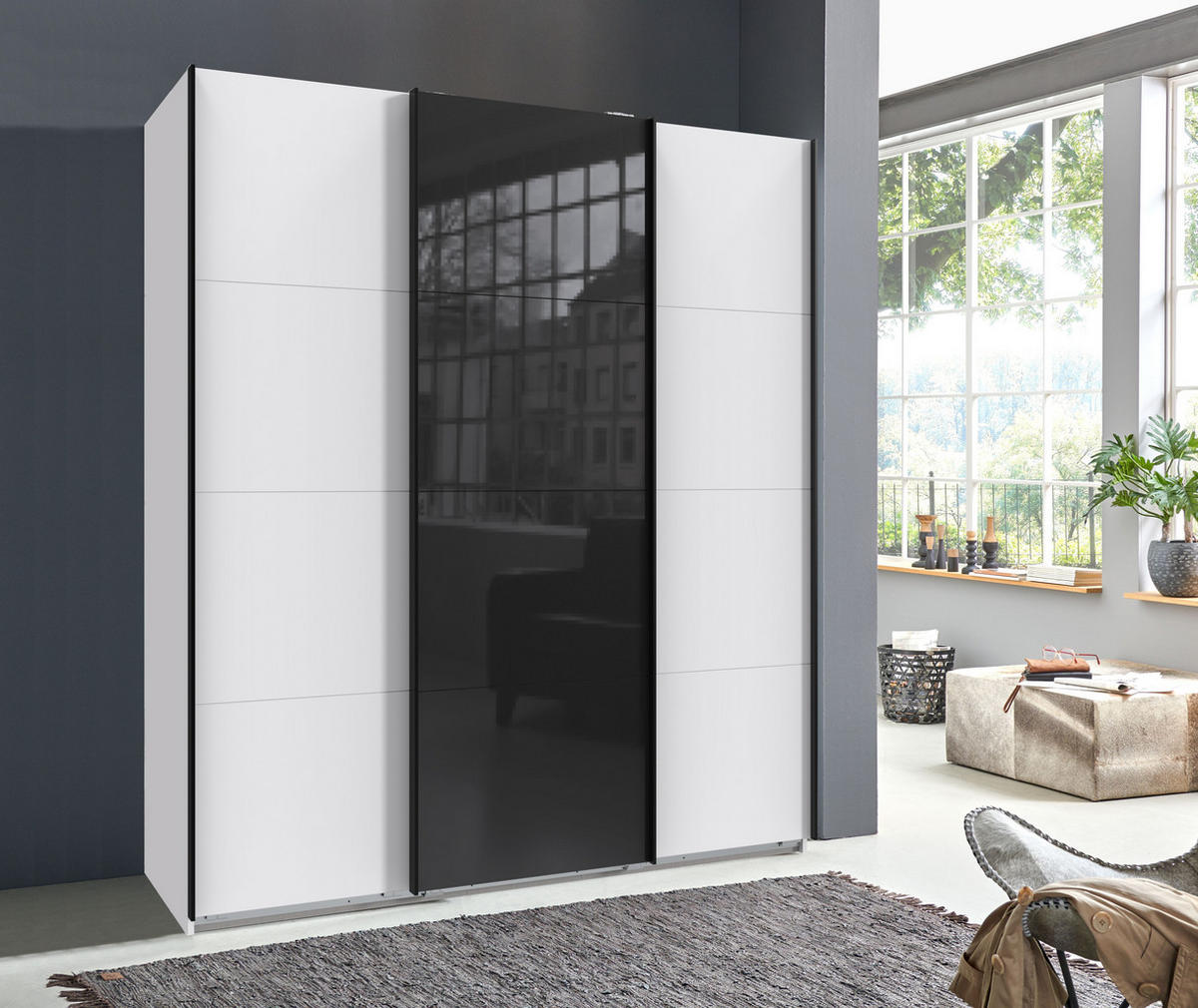 SCHWEBETÜRENSCHRANK 3-türig in Weiß, eine Tür mit Glasfront Schwarz, B180/H208/T64 cm / 22515 - Schwarz Hochglanz/Schwarz, Holzwerkstoff/Metall (180/208/64cm) - luma-home