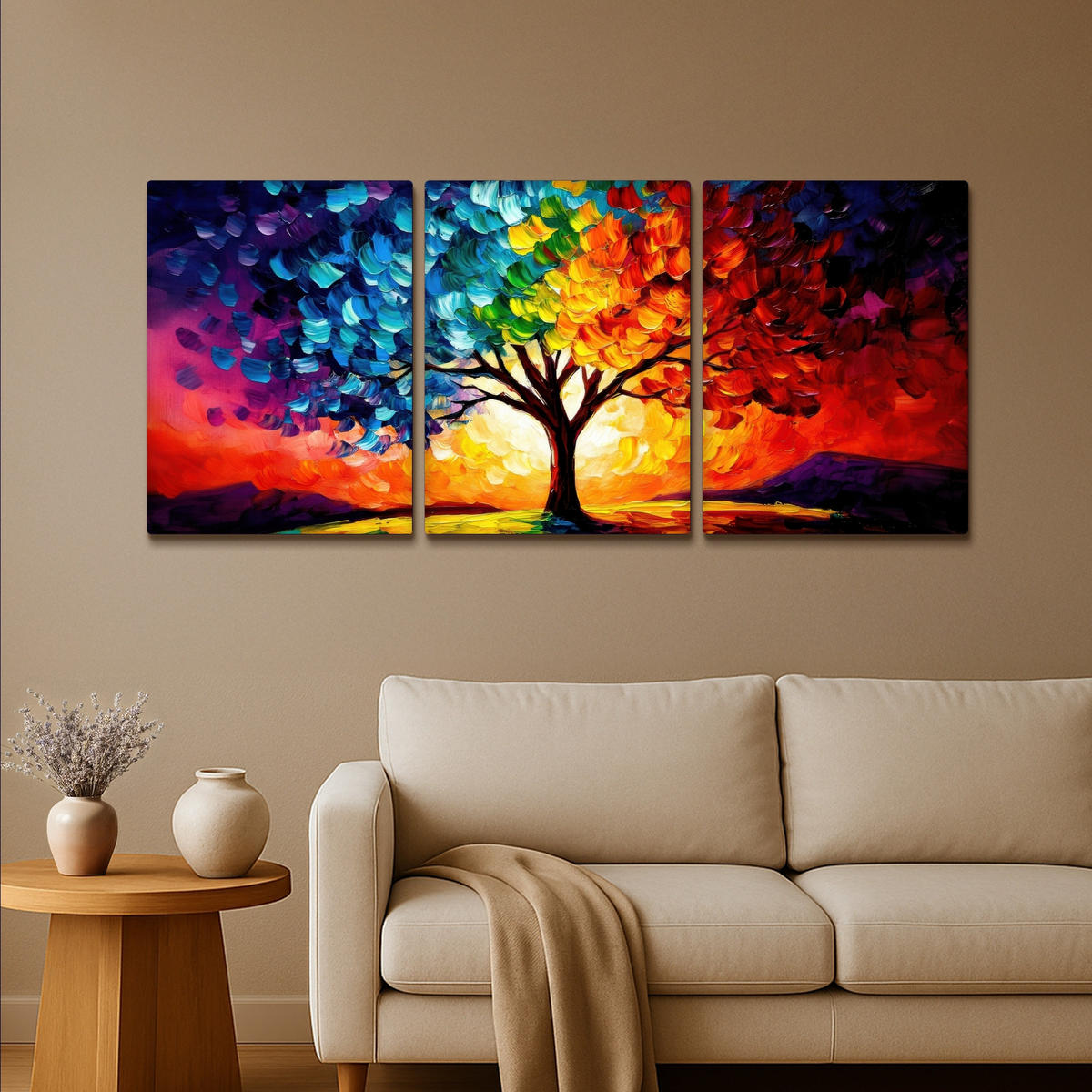 LEINWANDBILD 3er Set Baum - Farbenfroh - Malerei-Look - Abstrakt 180x80 cm - Multicolor, Textil (180/80cm) - MuchoWow