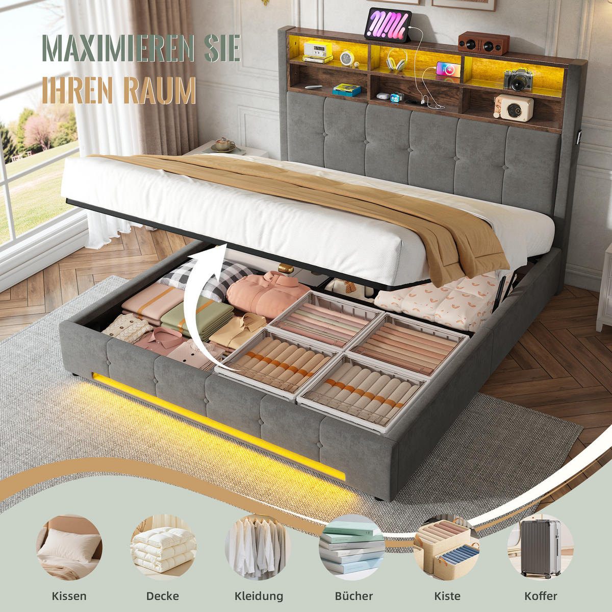 ČALOUNĚNÁ postel 160/200 cm s LED osvětlením, USB-C a hydraulickým úložným prostorem, tmavě šedá - tmavě šedá, kov (160/200cm) - Redom