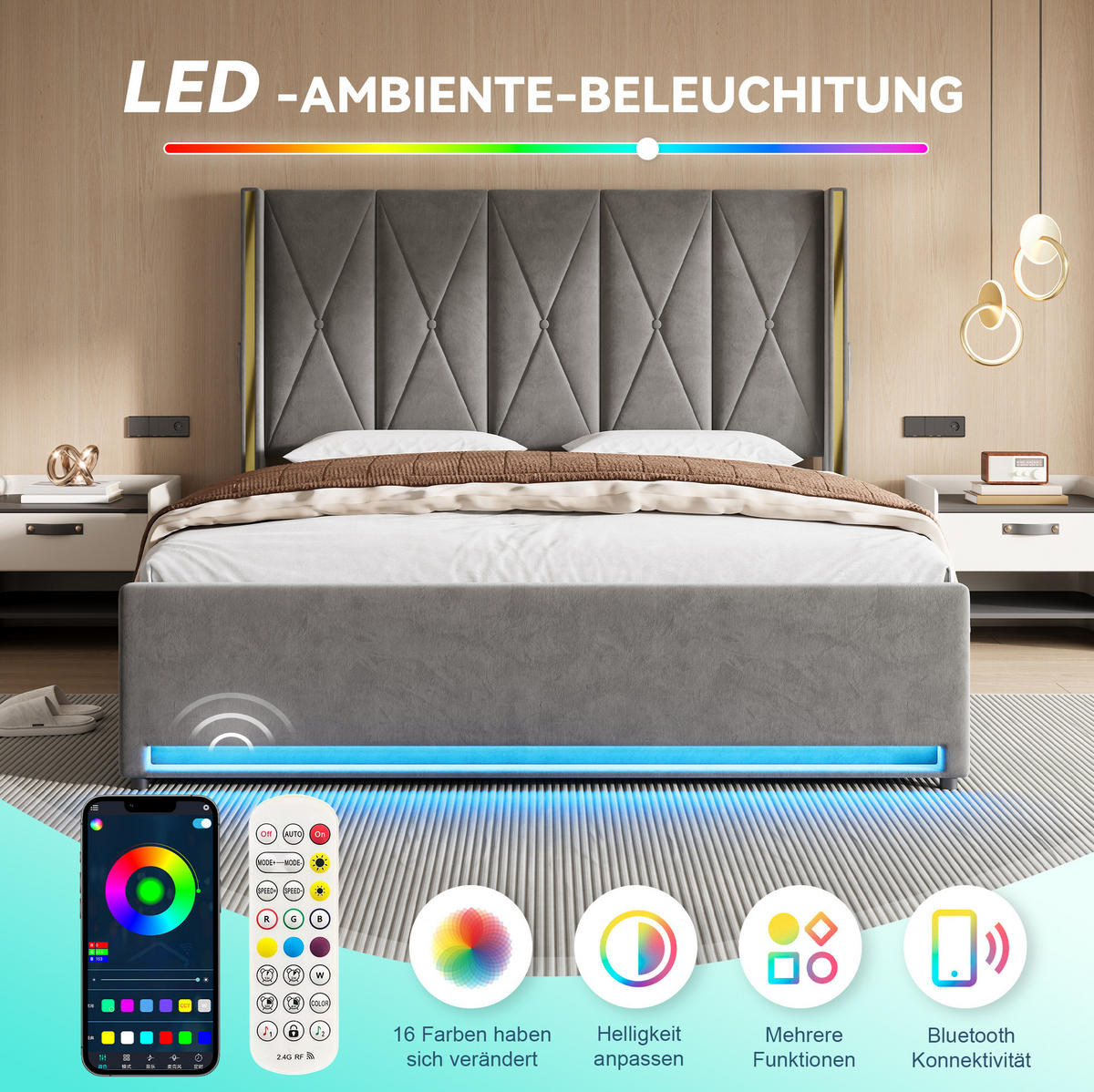 POLSTERBETT 180/200 cm mit LED-Beleuchtung, USB- und Type-C-Anschluss, Bettkasten und Seitentaschen, Dunkelgrau - Dunkelgrau, Textil (180/200cm) - Redom