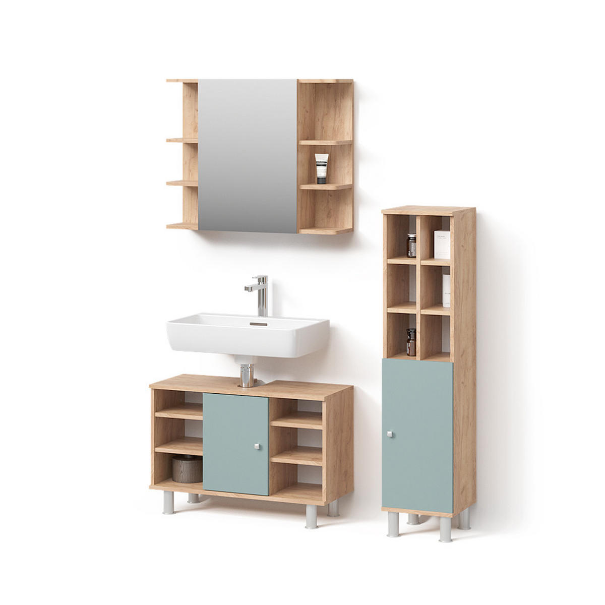 BADMÖBEL-SET Fucino Grün 3 Teile, mit Midischrank Tür groß - Eiche Wotan/Grün, Holzwerkstoff (80/54/32cm) - Livinity®