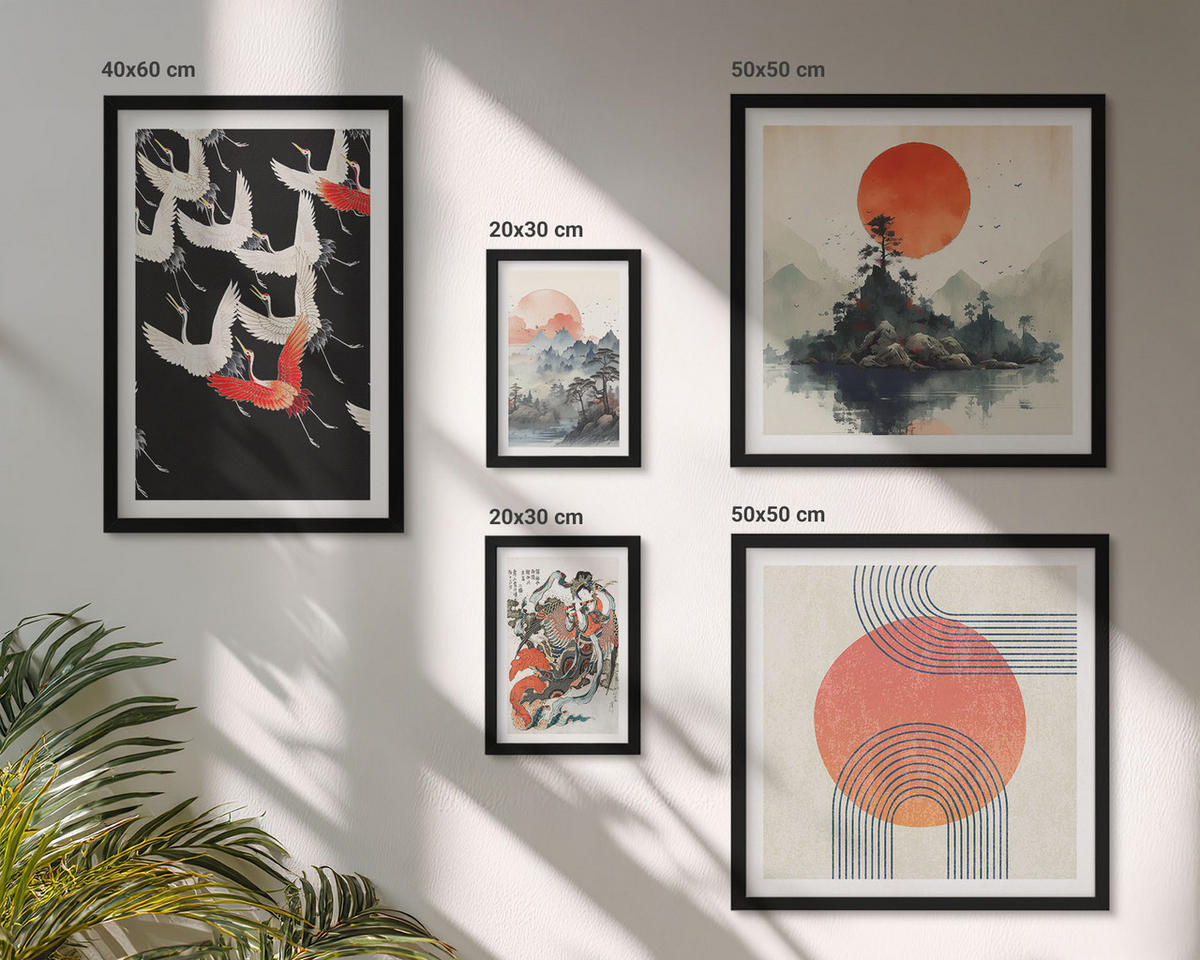 WANDBILDER 5er-Set - 50x50 cm & 20x30 cm & 40x60 cm Schwarzer Rahmen - Asiatische Landschaften Japandi - Schwarz, Kunststoff (40/60cm) - ArtPrintCave