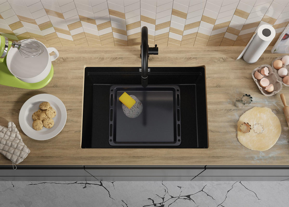 UNTERBAUSPÜLE GRANIT Praga, 2-er set Schwarz 66/47 cm 1 Becken + Ablauf-Set + Aufrollbare Abtropffläche ab 70er Unterschrank - Chromfarben/Schwarz, Kunststoff (66/20/47cm) - Primagran