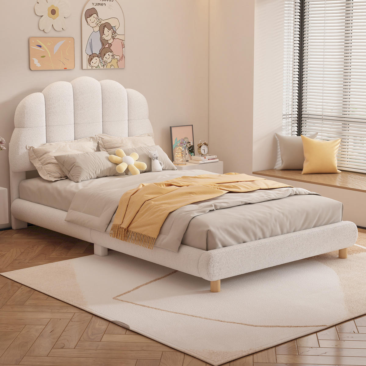 KINDERBETT 90/200 cm mit gepolstertem Blüten-Kopfteil aus Plüsch, Weiß - Weiß, Textil (90/200cm) - Redom