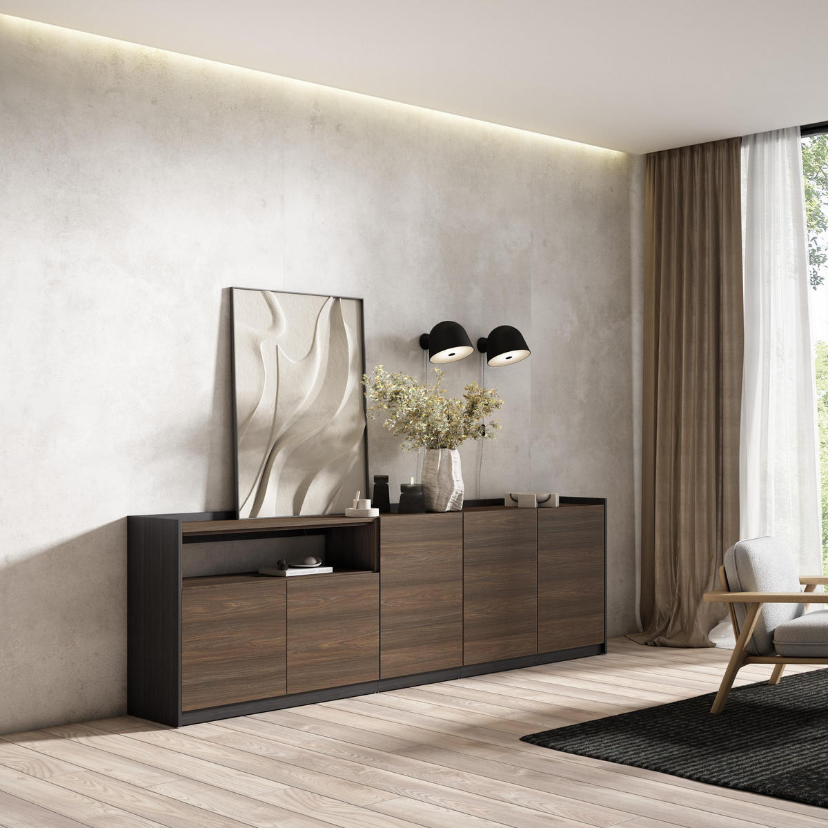 SIDEBOARD, Highboard, Dunkler Eiche und Schwarz, 260/37/80cm - Dunkelbraun, Holzwerkstoff (260/80/37cm) - Skraut Home