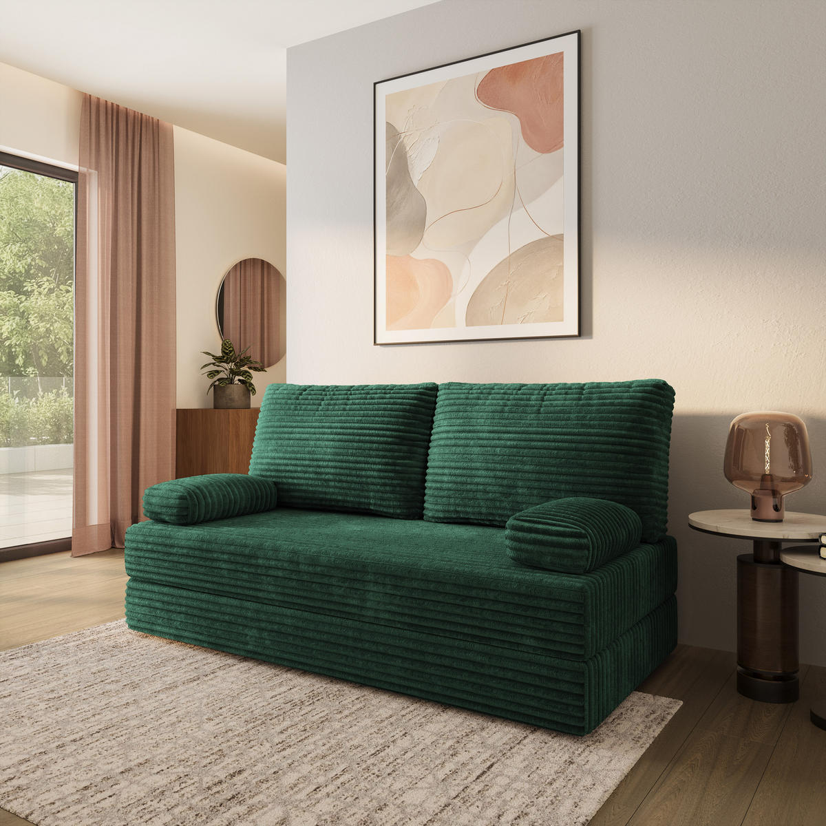 POHOVKA z pěny SILAR s funkcí spaní Manšestrová látka Lahvově zelená - tmavě zelená/zelená barva, textil (170/86/80cm) - MASSENO