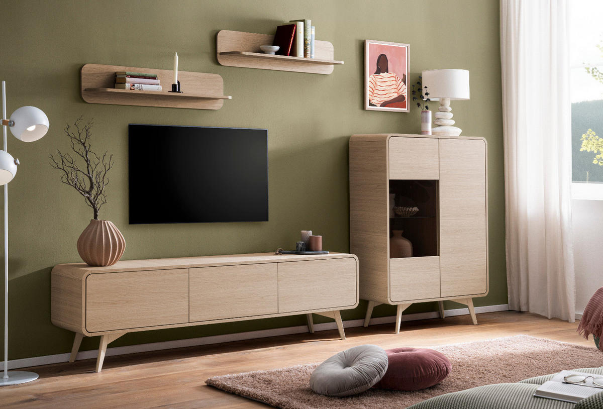 WOHNWAND Eiche natur 4-teilig 290 cm, Wohnkombination mit Push-to-Open - Eichefarben, Glas/Holz (290/170/39cm) - Furn.Design