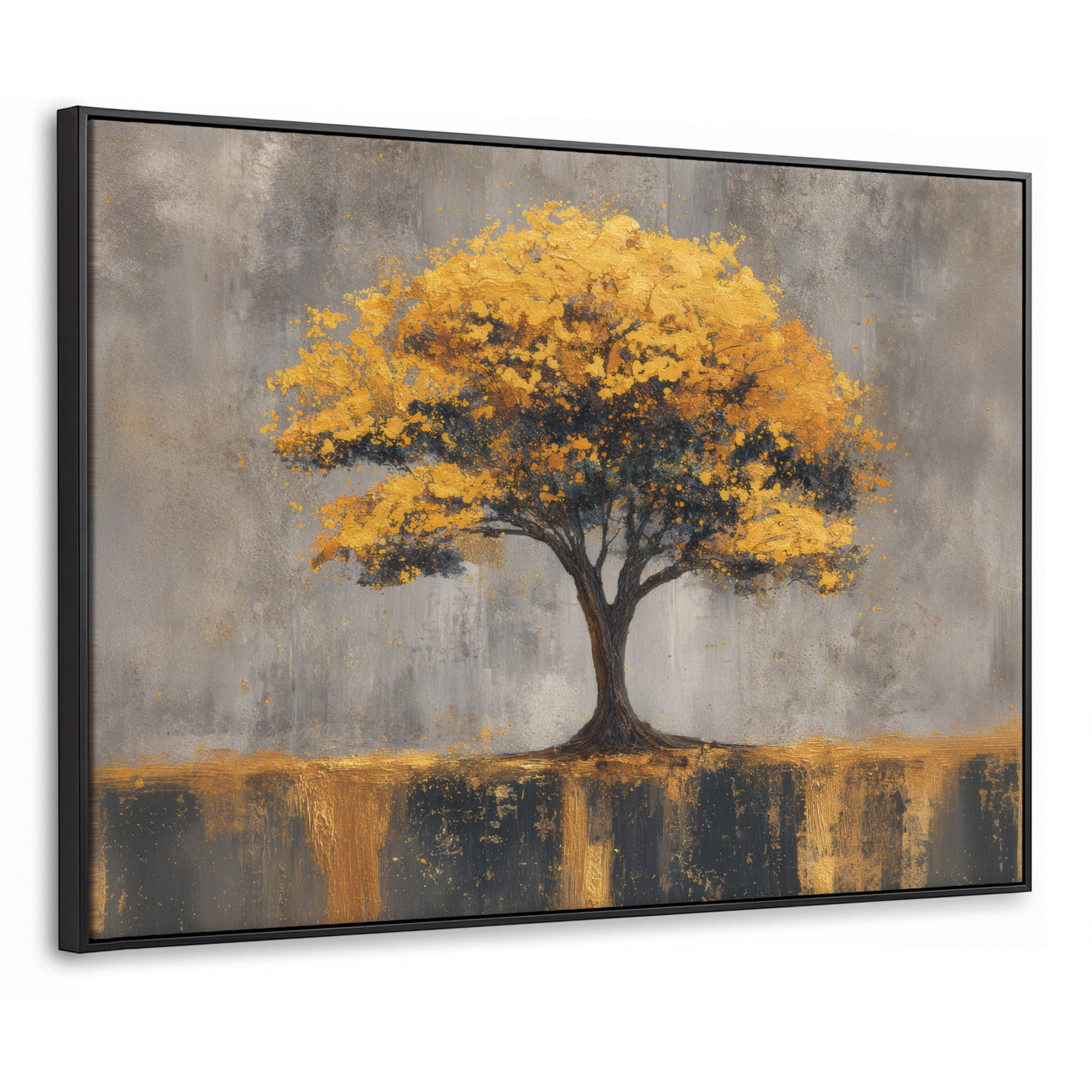 LEINWAND Bilder mit Rahmen - Baum - Blätter - Gold - Abstrakt - 80x60 - Grau, Textil (80/60cm) - MuchoWow