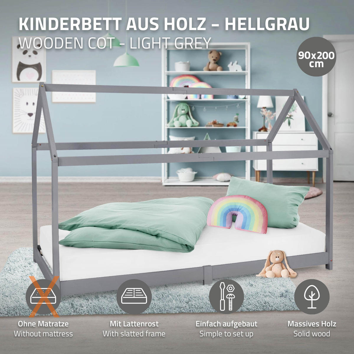 KINDERBETT mit Dach 90x200 cm Hellgrau - Hellgrau, Holz (90/200cm) - ML-DESIGN