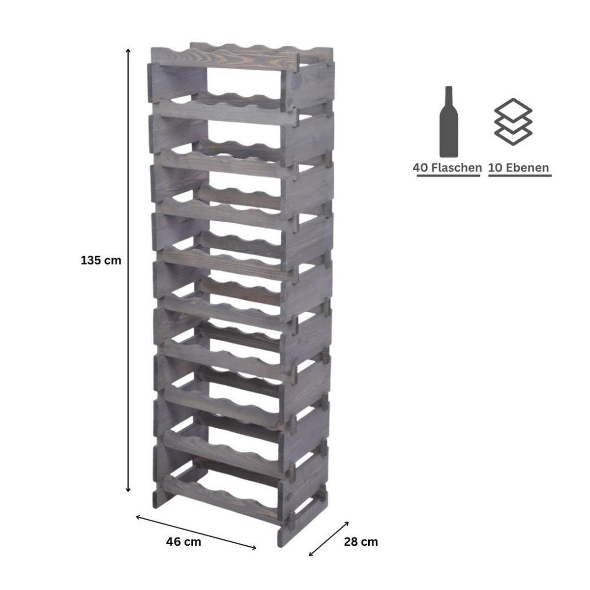 WEINREGAL VINOTECA FLEX PRO HxBxT 135x46x28cm 40 Flaschen auf 10 Ebenen Grau - Grau, Holz (46/135/28cm) - PROREGAL