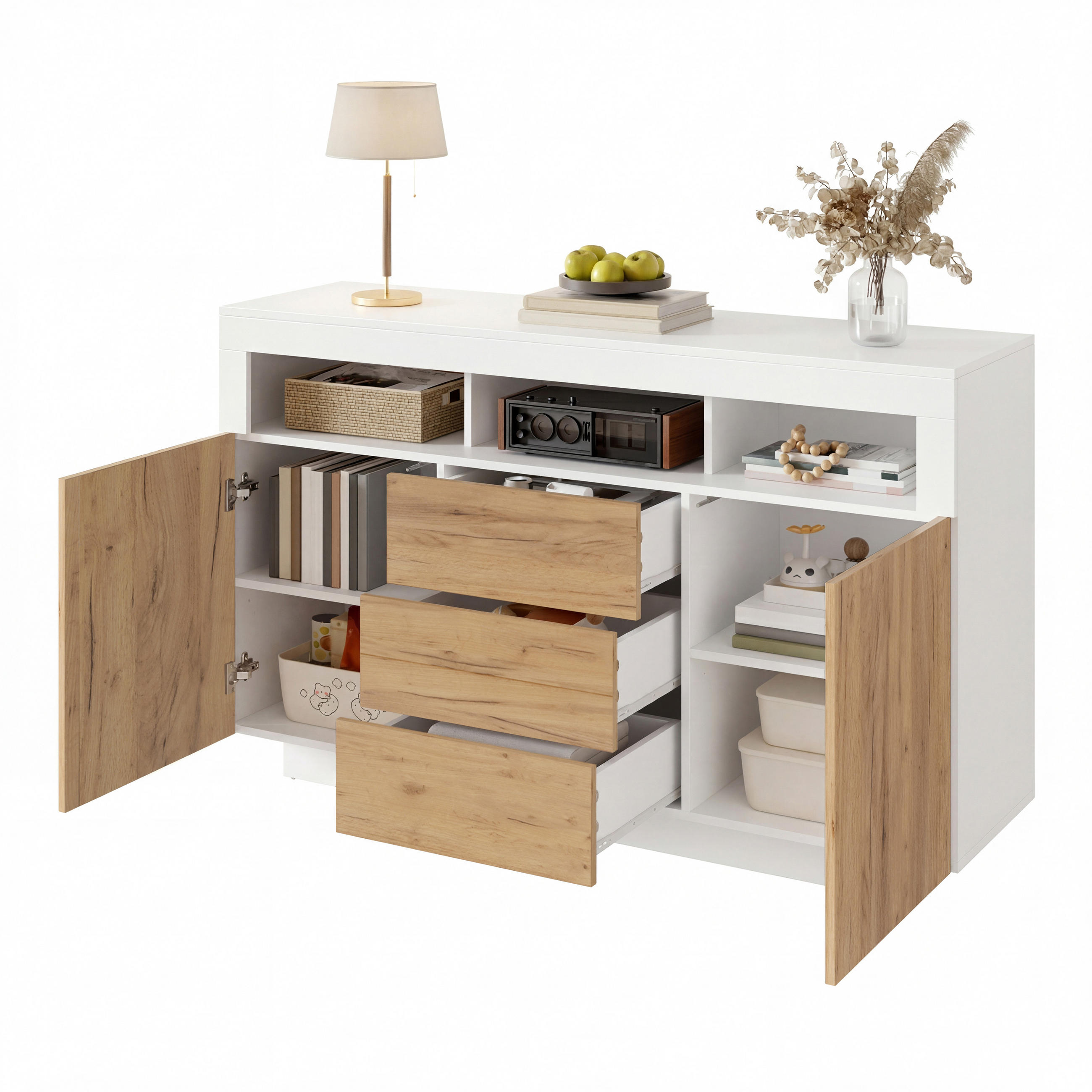 SIDEBOARD in Naturfarben|Weiß Aufbewahrungsschrank mit 3 Schubladen & 2 Türen, für Wohnzimmer, B140/T40/H85cm - Naturfarben/Weiß, Holzwerkstoff (140/85/40cm) - STILVORA