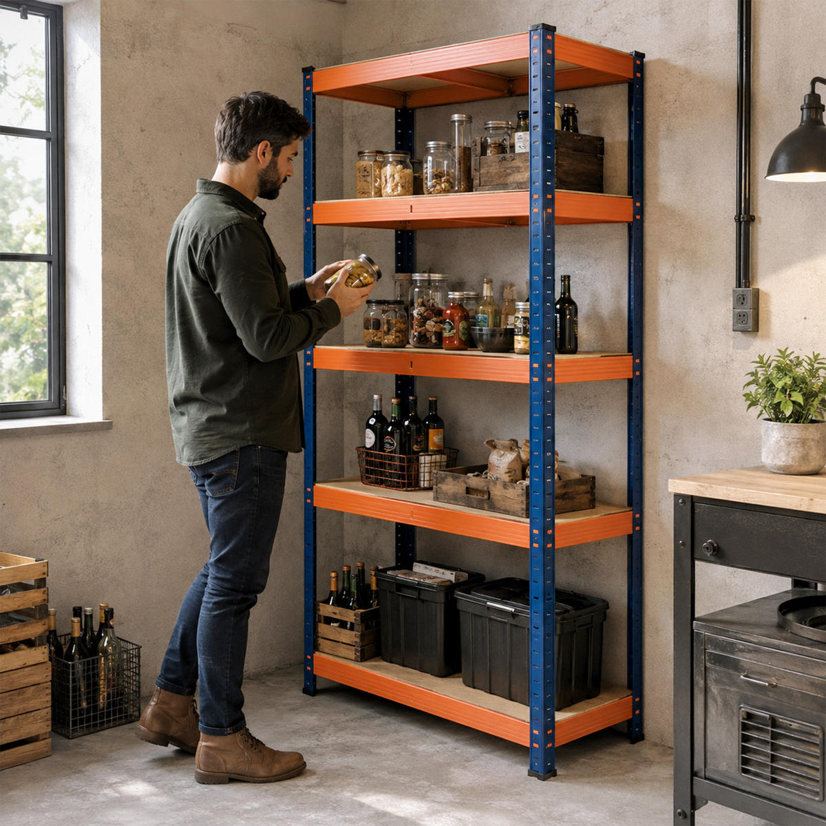 SCHWERLASTREGAL Blau Orange 5 Ebenen Metall 200 cm - Multicolor, Holzwerkstoff/Kunststoff (120/200/50cm) - Relaxdays
