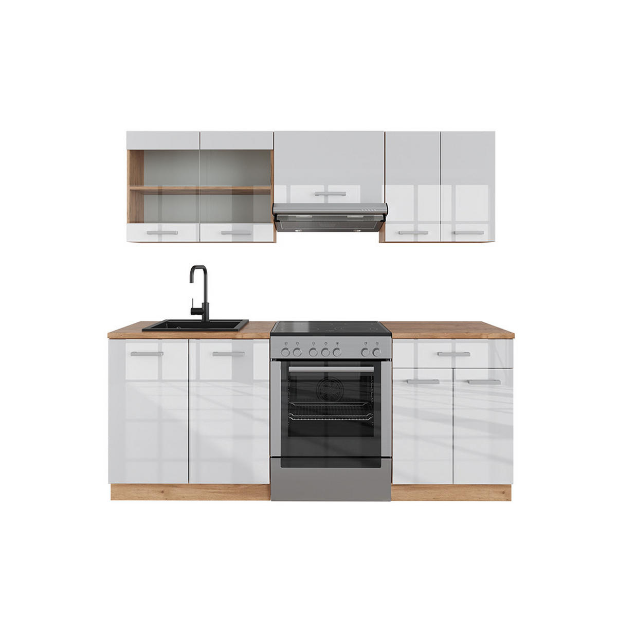 KÜCHE R-Line Weiß Hochglanz/Goldkraft Eiche 200 cm ohne AP - Honigeiche/Weiß Hochglanz, Holzwerkstoff (200/81.6/46cm) - Vicco