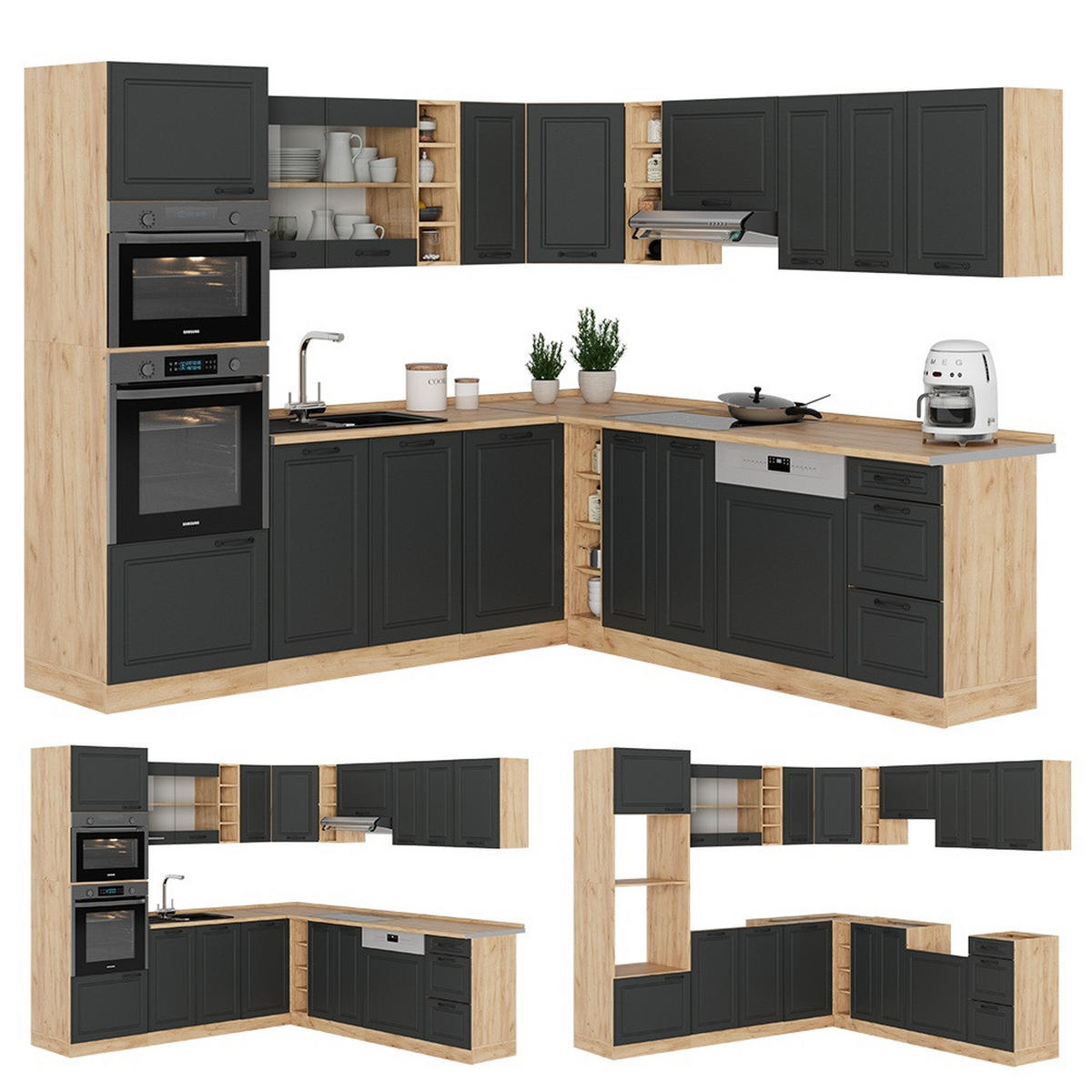 ECKKÜCHE R-Line Anthrazit Landhaus/Goldkraft Eiche 247 x 60 cm , AP Eiche - Honigeiche/Anthrazit, Holzwerkstoff (247/81.6/60cm) - Vicco