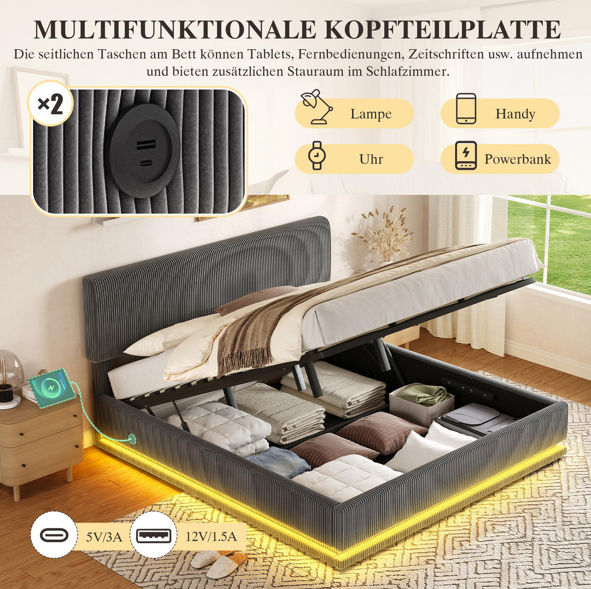 POLSTERBETT mit Stauraum, LED und USB-C 180x200 cm Cord Dark Gray - Dunkelgrau, Metall (180/200cm) - Meubliv