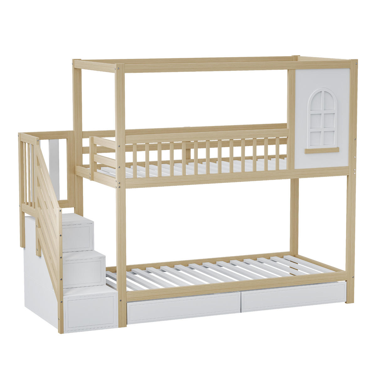 ETAGENBETT aus Massivholz 90x200 cm in Natur mit Schubladen & Sicherheitsleiter - Naturfarben, Holz (90/200cm) - Modfu