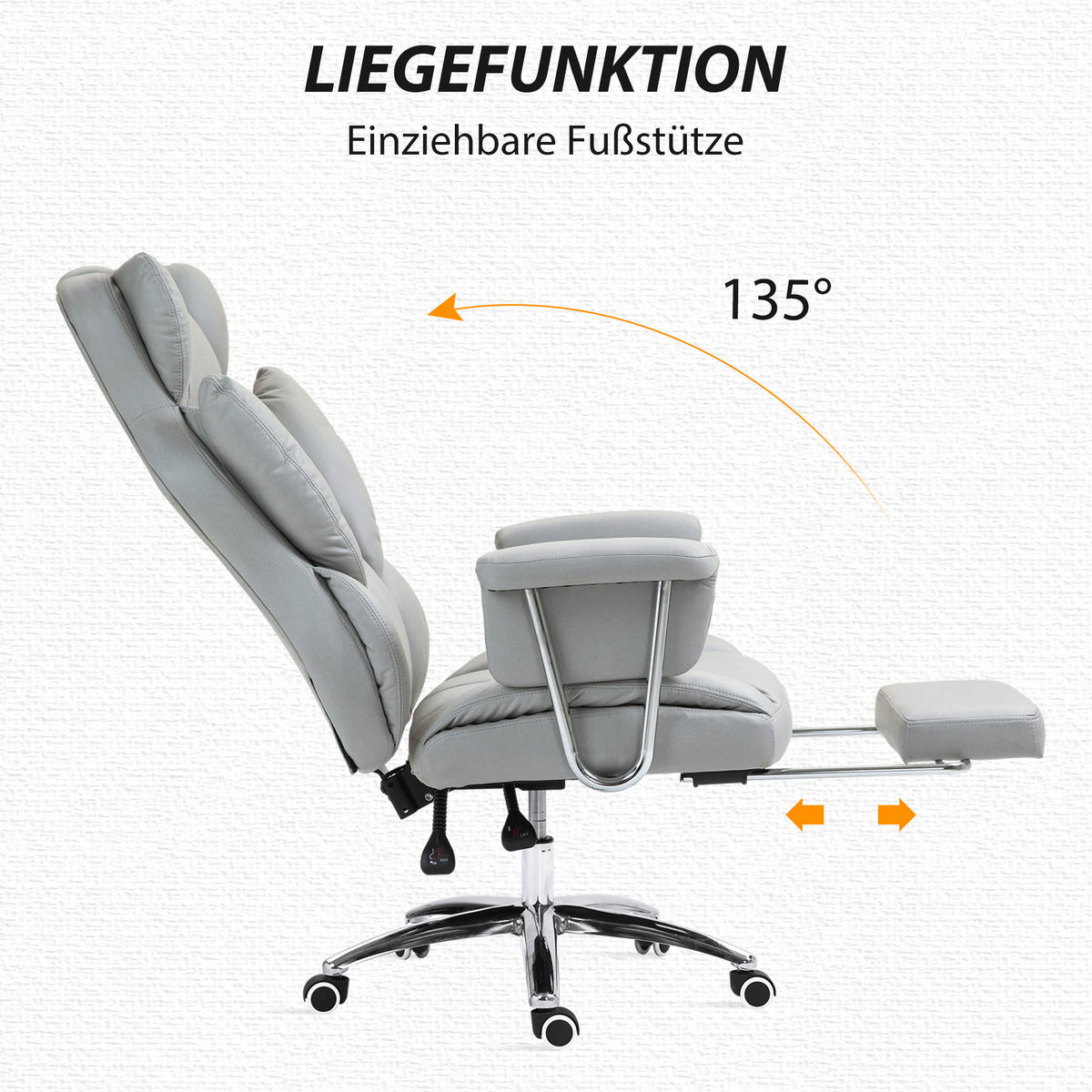 BÜROSTUHL mit Liegefunktion, ergonomisch Schreibtischstuhl, Drehstuhl Hellgrau - Chromfarben/Hellgrau, Textil/Metall (65/128/74cm) - HOMCOM