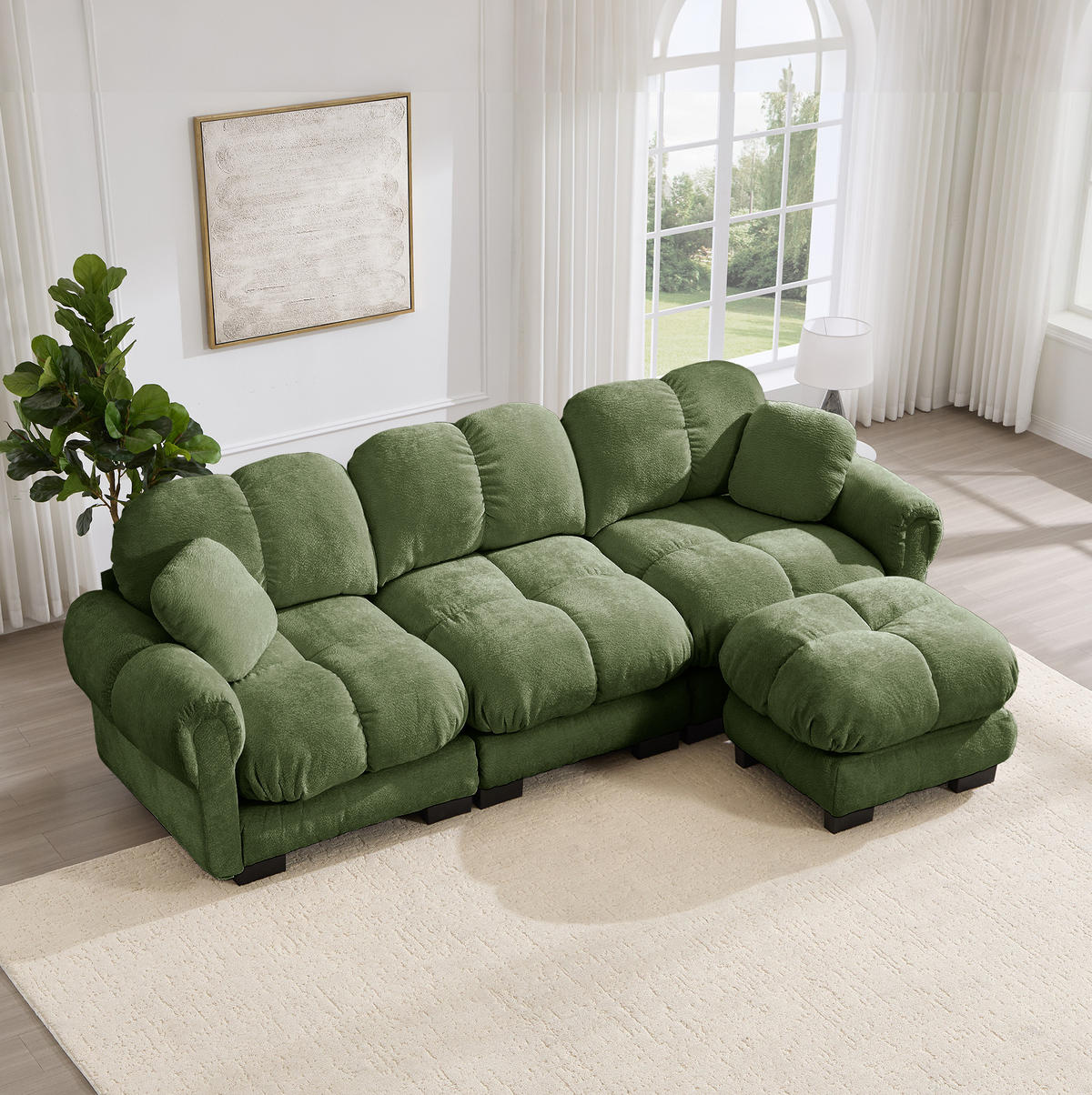 SOFA 260/149/90 cm in Grün aus Chenille mit Ottomane und 2 Kissen - Grün, Textil (149/90/260cm) - Flora Grace