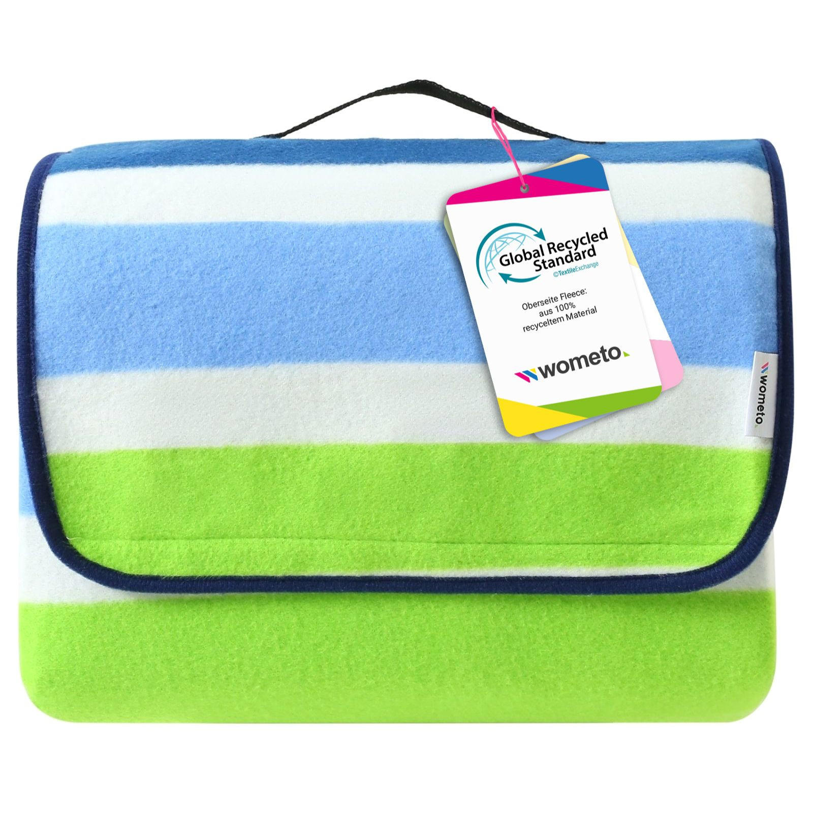 PICKNICKDECKE XXL 200x200 ecoline 100% recyceltes Fleece Streifen blau grün - Blau/Grün, Textil (200/200cm) - wometo