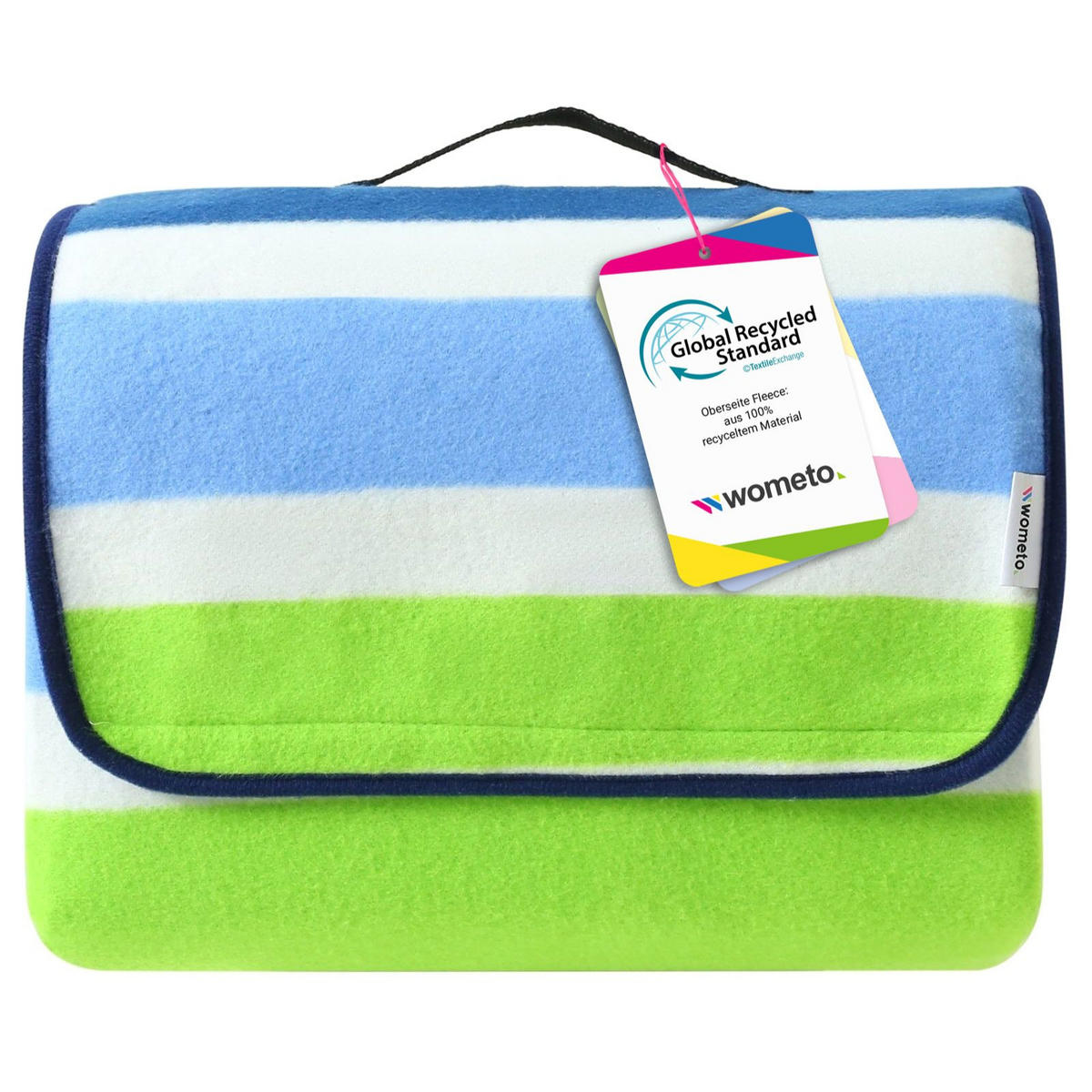 PICKNICKDECKE XXL 200x200 ecoline 100% recyceltes Fleece Streifen blau grün - Blau/Grün, Textil (200/200cm) - wometo