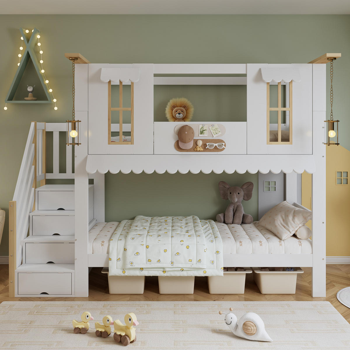 ETAGENBETT 90/200 cm weiß aus Kiefer und MDF mit Aufbewahrungstreppe - Weiß, Holz (90/200cm) - OKWISH