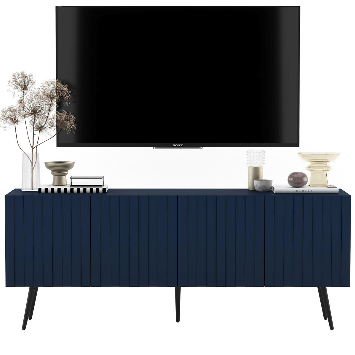 TV-SCHRANK Elpis Marineblau Matt mit goldenen Metallbeine Glamour 150 cm - Blau/Goldfarben, Holzwerkstoff/Metall (150/60.5/36.5cm) - Meble Lindner