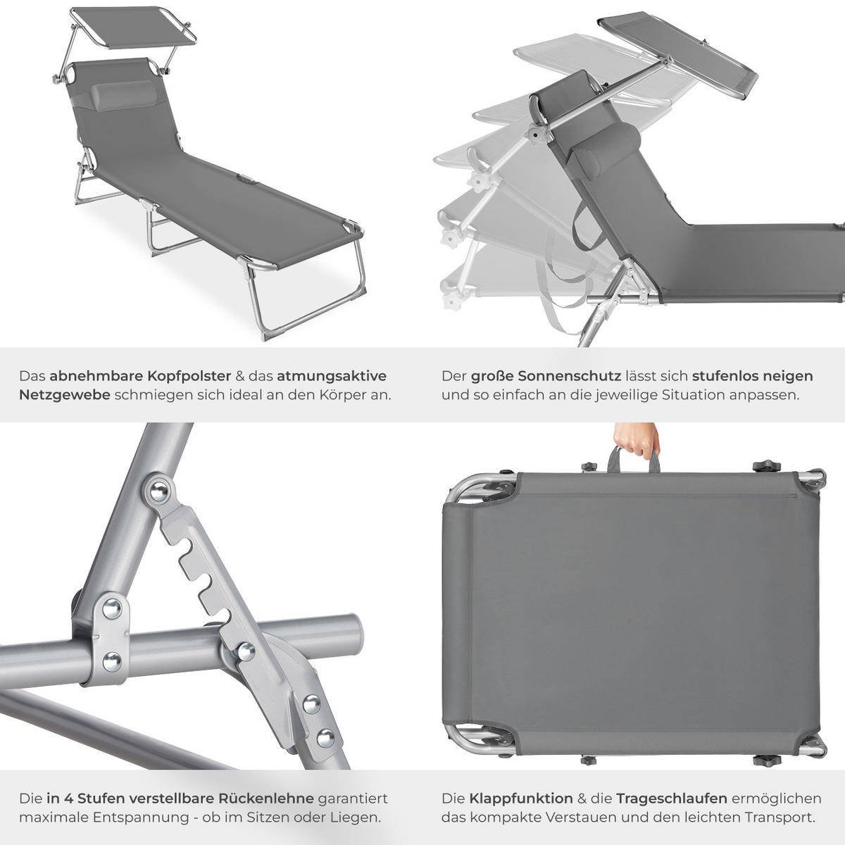 GARTENLIEGE 2er Set Chloé,190 x 68 x 65 cm,grau - Grau, Kunststoff (68/65/190cm) - tectake