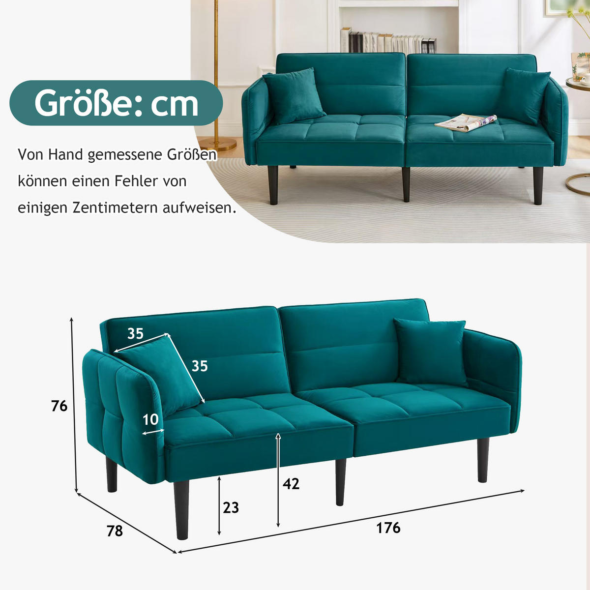 SCHLAFSOFA Samtbezug mit verstellbaren Rückenlehnen und klappbaren Armlehnen Antik Blaugrün 176/78/76 cm - Grün, Textil (78/76/176cm) - Redom