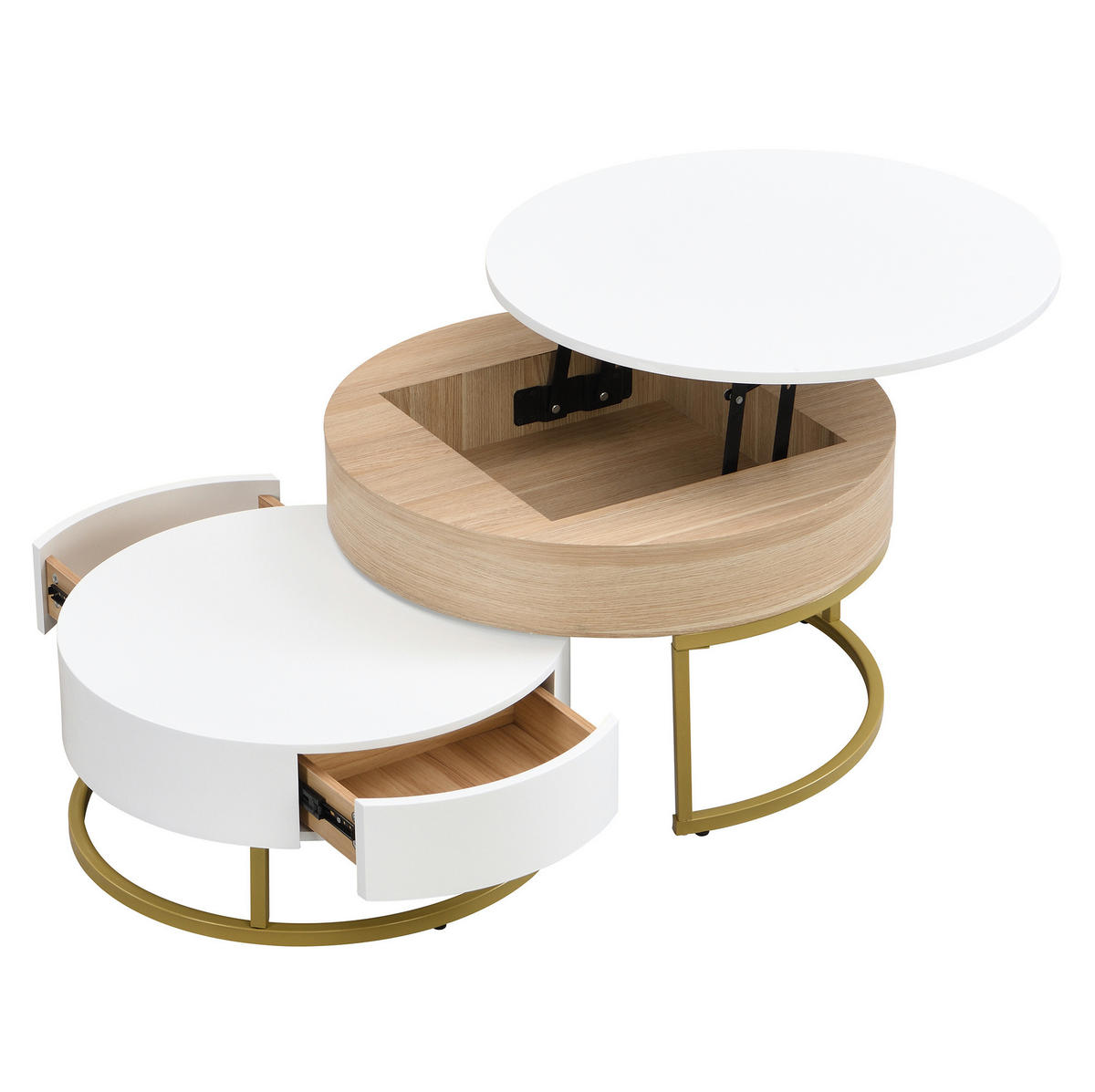 COUCHTISCH-SET 70/70/56 und 60/60/27 cm in Weiß mit Holzoptik, höhenverstellbar - Weiß, Holzwerkstoff (70/70/56.5cm) - Flora Grace