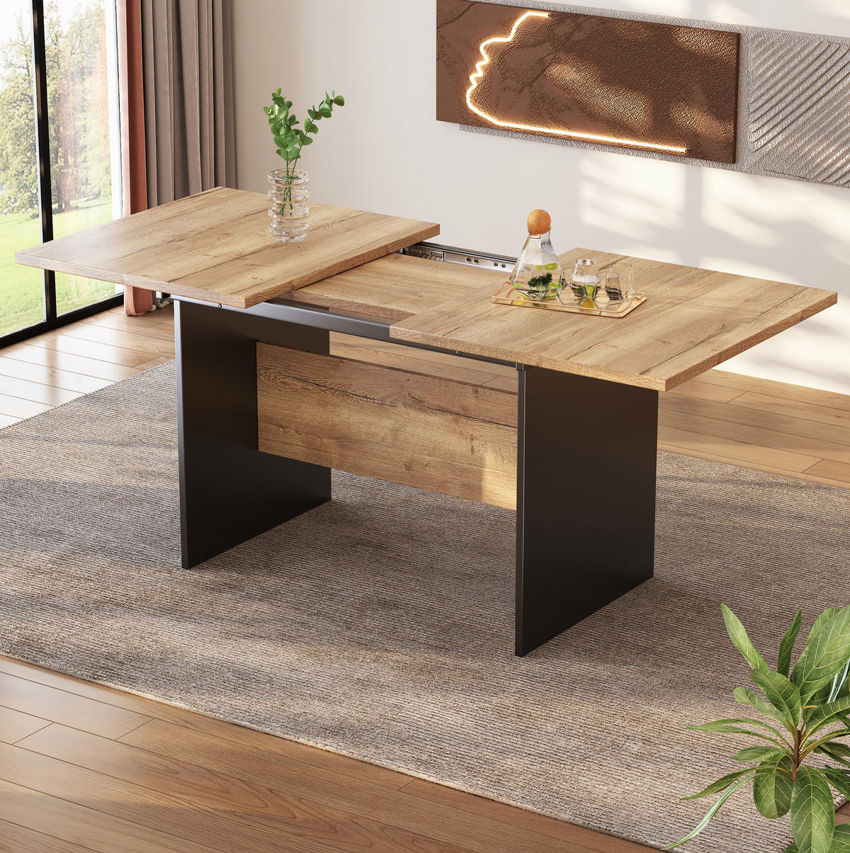 ESSTISCH 80x180x75 cm in Schwarz und Dunkel-Walnuss aus MDF ausziehbar im modernen minimalistischen Design - Schwarz, Holzwerkstoff (80/180/75cm) - Modfu