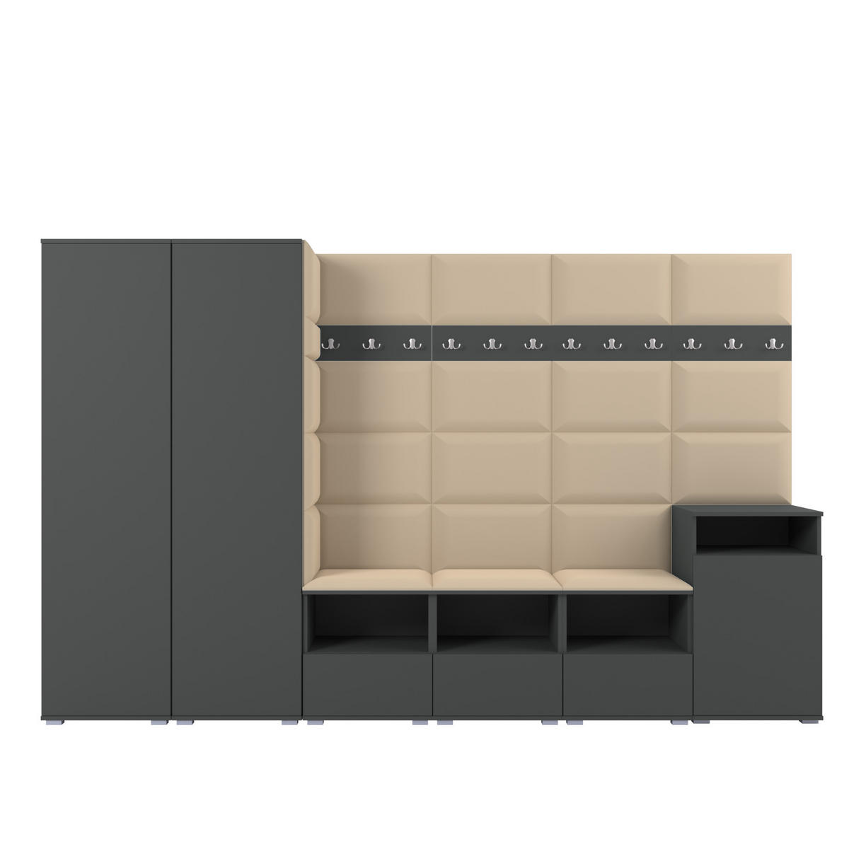 GARDEROBE NELA XII 300 cm (Modulare Flurmöbel Graphit mit Sitzpolster Beige 04 Gigantisches Set) - Beige/Silberfarben, Holz/Holzwerkstoff (300/187/40cm) - Ravio