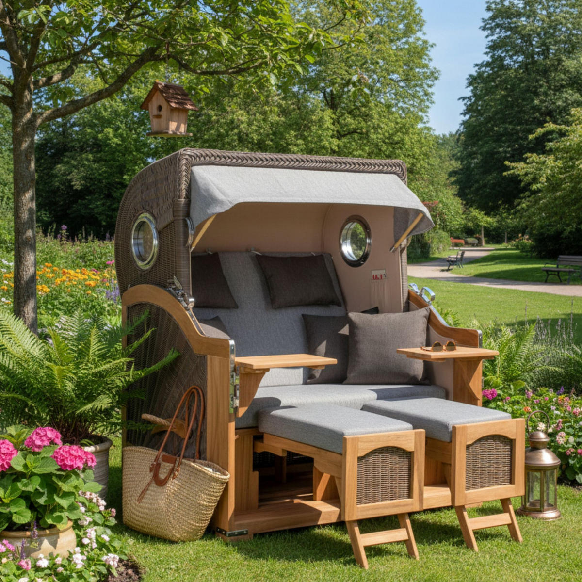 STRANDKORB Düne Grande Bullauge Teak PE Grey Dessin 570 - Braun/Grau, Metall (142/170/95cm) - Mr. Deko