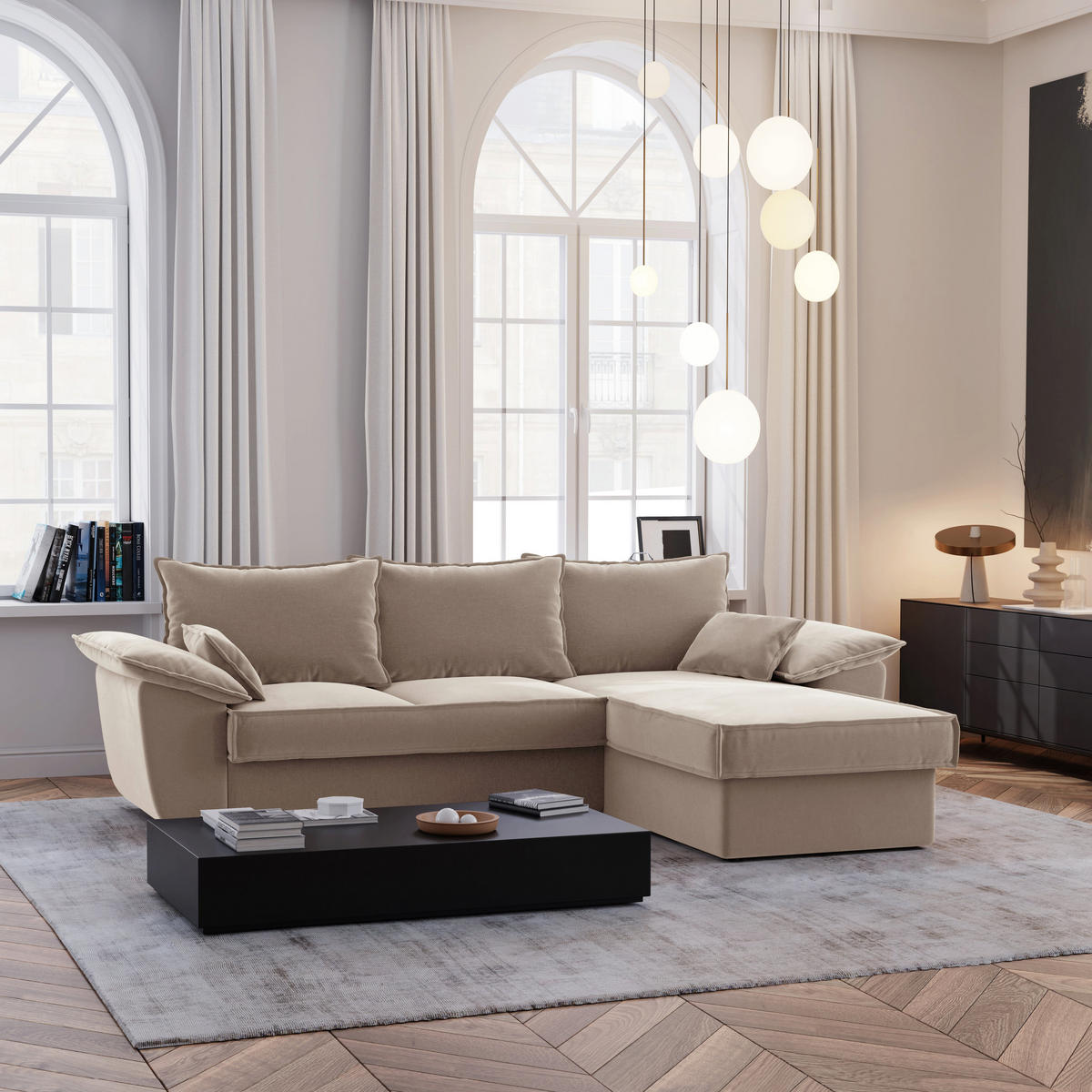 ECKSOFA RECHTS Samtstoff Beige 257cm - Beige, Textil (257/168cm) - Sia Home