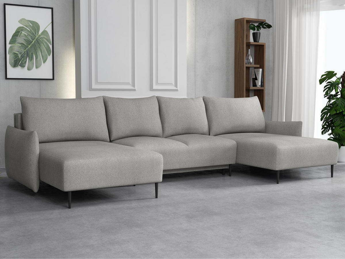 WOHNLANDSCHAFT Santi U - Hellgrau/Schwarz, Holz/Textil (328/88/160cm) - MIRJAN24