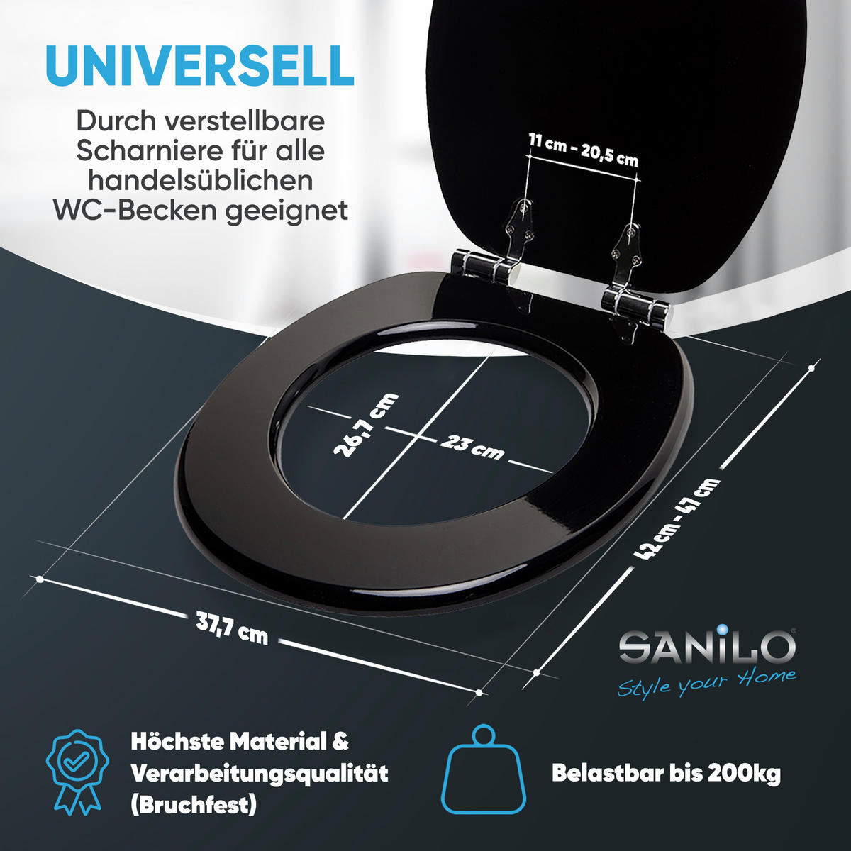 WC-SITZ mit Absenkautomatik Schwarz - Schwarz, Holzwerkstoff (38/6/47cm) - Sanilo