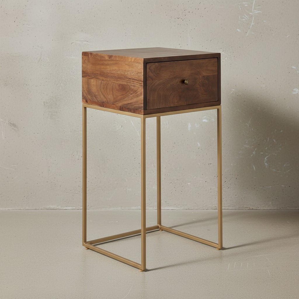 NACHTTISCH – Mango Massivholz/Metall, 1 Schublade, Industrial-Stil - Goldfarben/Braun, Holz/Metall (40/75/35cm) - KADIMA DESIGN