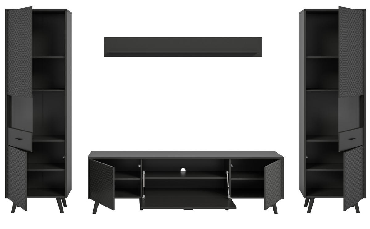 WOHNWAND grau matt 4-teilig 331 cm, Schrankwand mit Struktur - Schwarz/Grau, Glas/Holzwerkstoff (331/195/40cm) - Inn.Furn