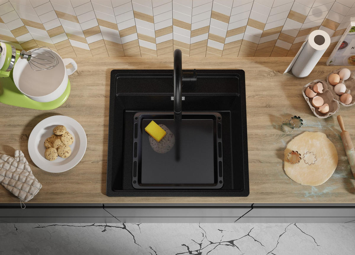 GRANITSPÜLE Bergen, 2-er set Schwarz 56/53 cm 1 Becken + Küchenarmatur 40/38 cm + Ablauf-Set + Schneidebrett ab 60er Unterschrank - Chromfarben/Beige, Kunststoff (56/20/53cm) - Primagran