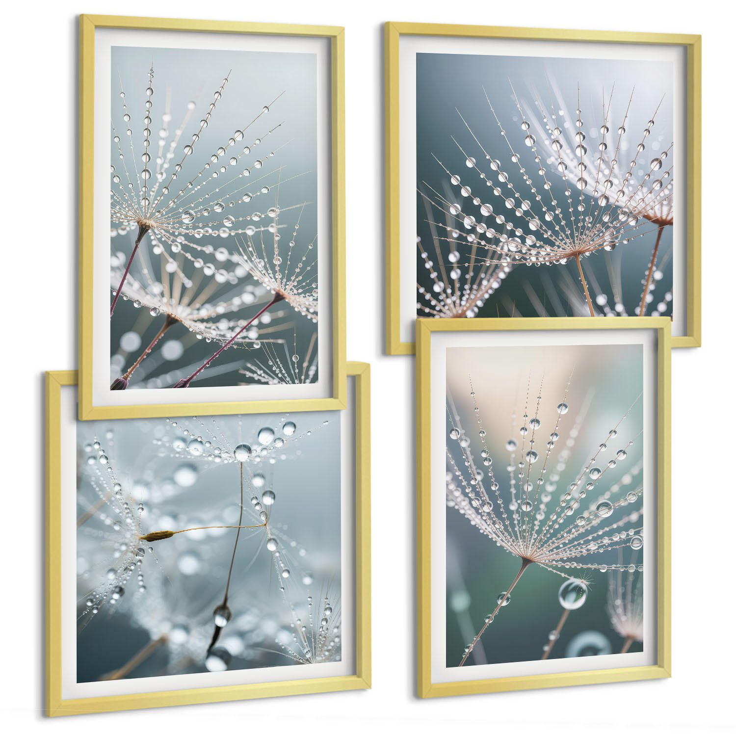 BILDER SET 4er Set - 50x50 cm & 40x60 cm Goldrahmen - Wassertropfen auf Löwenzahnsprossen - Goldfarben, Kunststoff (50/50cm) - TULUP