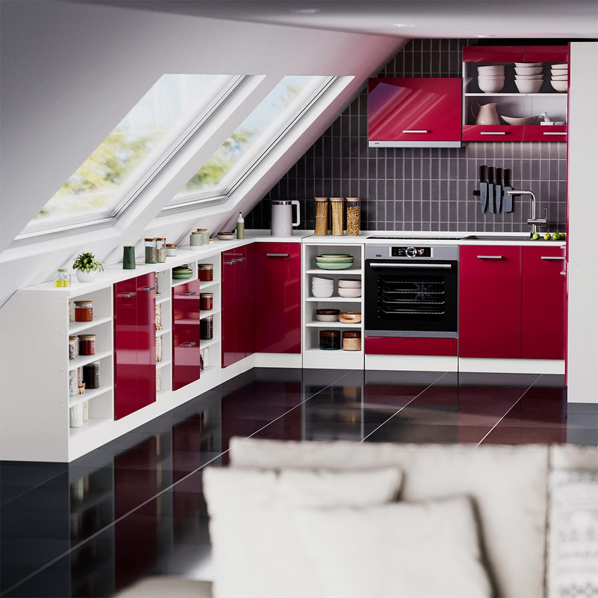 KÜCHENSCHRANK FÜR DACHSCHRÄGEN R-Line Rot Hochglanz 60 cm mit 2 Schubladen, Schrankkorpus 60 cm Tiefe - Rot/Weiß, Holzwerkstoff (60/83.8/60cm) - Vicco