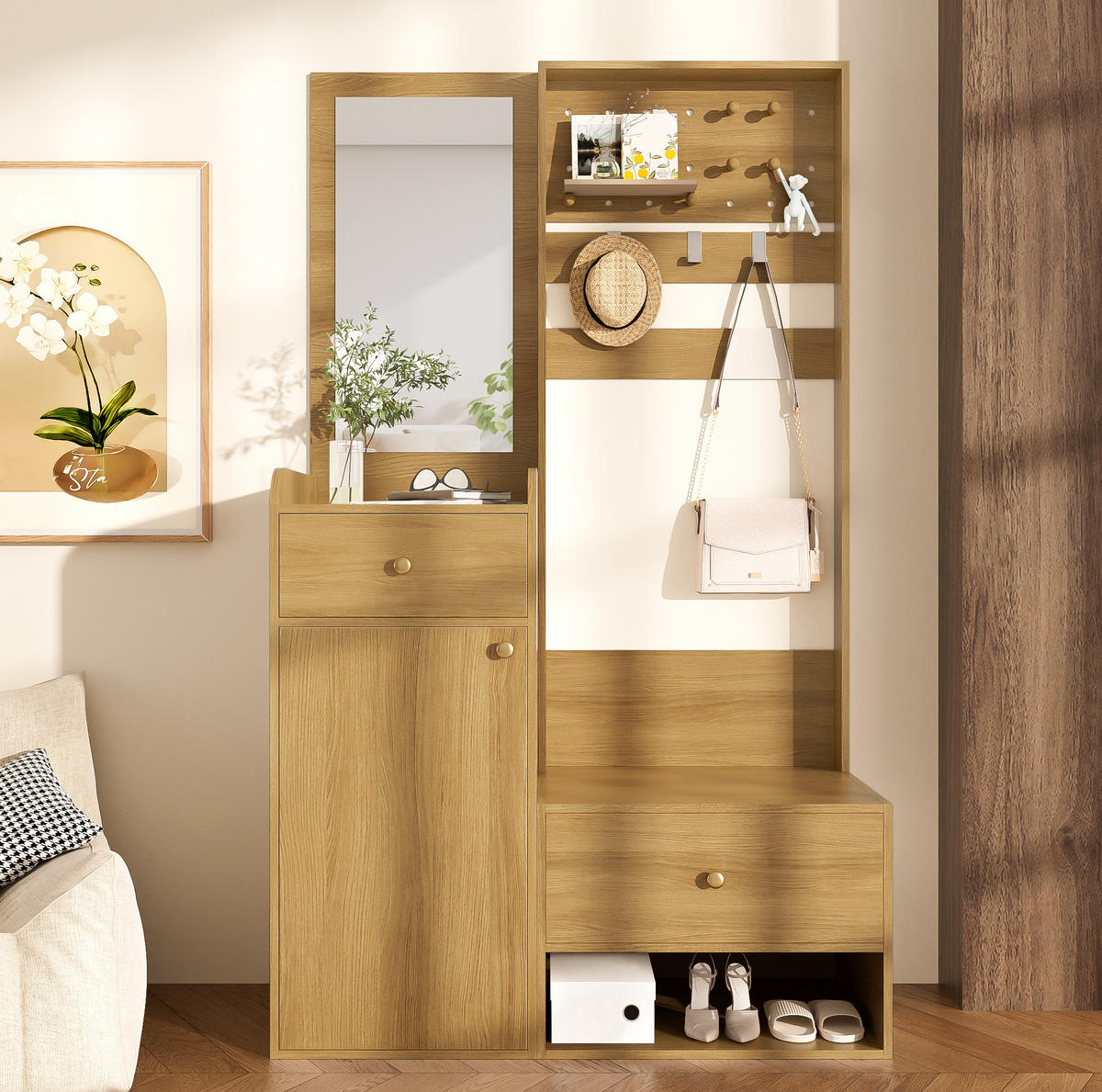 OMARA za oblačila 105/38/180 cm z ogledalom, 2 predaloma, zaprtim prostorom in odprto polico, Wood - naravne barve, leseni material (38/180/105cm) - Redom