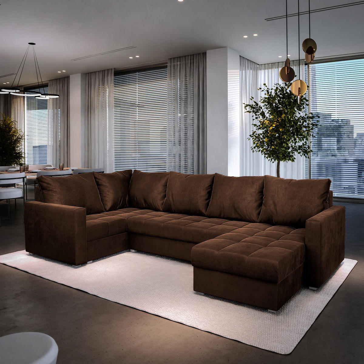 WOHNLANDSCHAFT LORIVO L-S Braun Plüsch-Stoff mit Schlaffunktion - Braun, Holz (285/85/150cm) - MASSENO