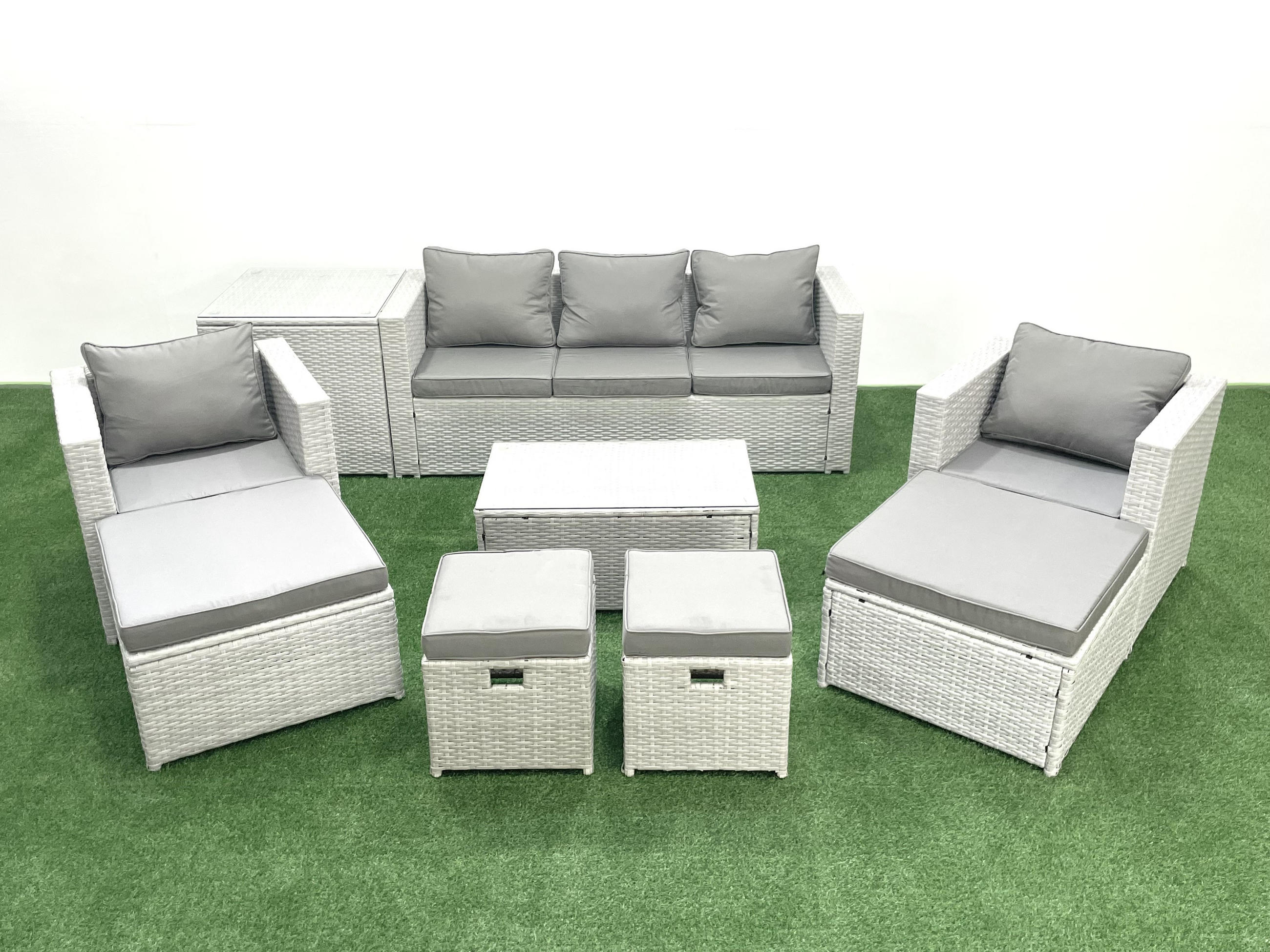 GARTENSET mit 3-SITZER SOFA,COUCHTISCH Polyrattan Hellgrau-Mix 9-Sitzer - Hellgrau/Grau, Glas/Kunststoff - Fimous