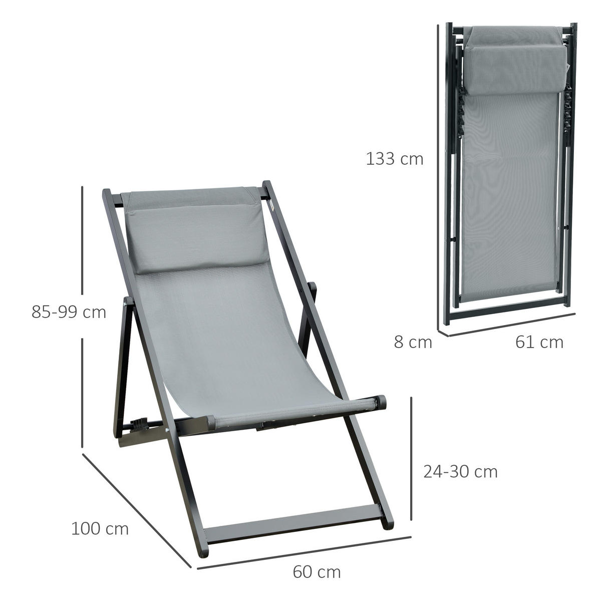 SONNENLIEGE Set aus 2 klappbaren Dunkelgrau 96,5 x 58 x 91,5 cm - Grau, Metall (60/85/100cm) - Vallsero