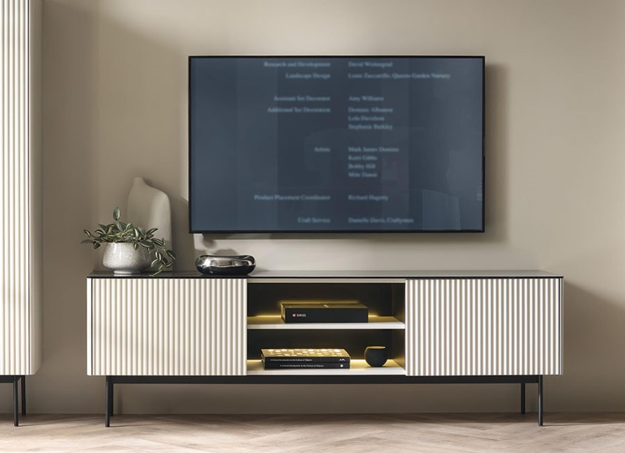 RTV-SCHRANK Rita Kaschmir, zweitürige TV-Tisch mit LED beleuchtung - Kaschmir/Schwarz, Holzwerkstoff (180/57/39cm) - Bettso