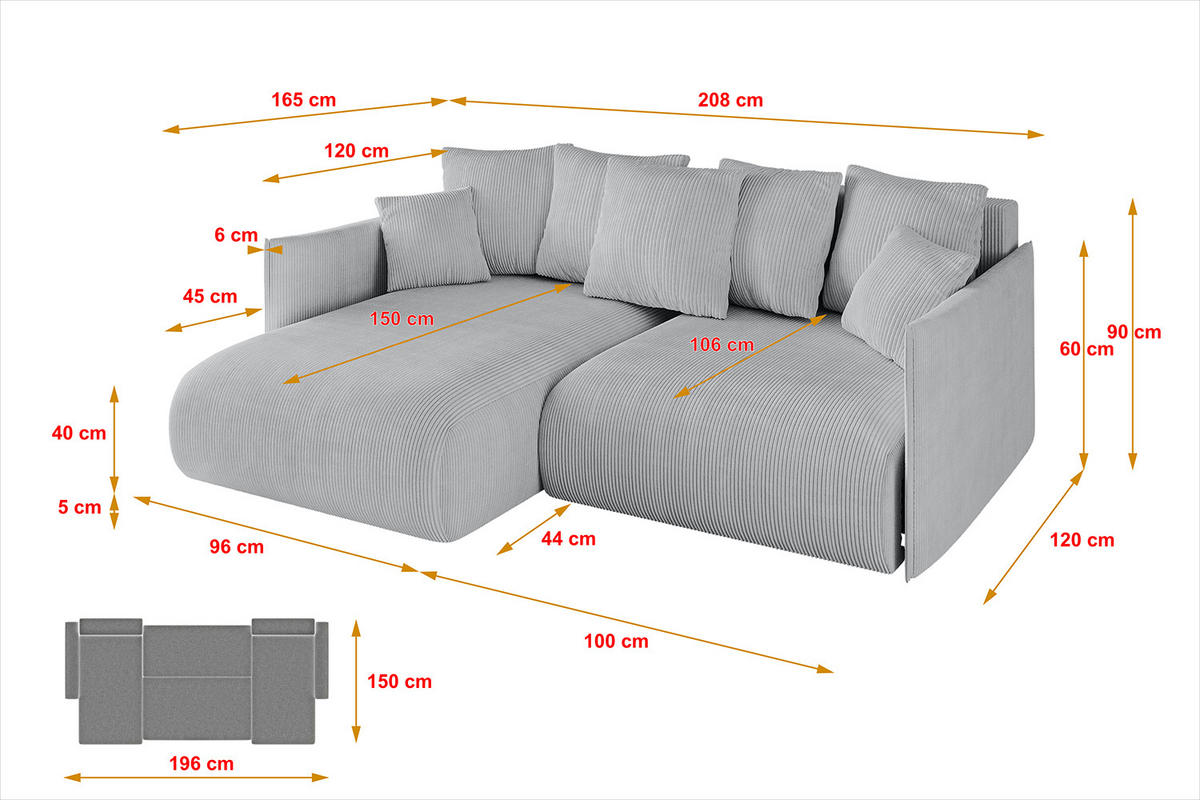 ECKSOFA mit Schlaffunktion und Bettkasten ONESK-L 208x165x40 Grau Cord - Grau, Holzwerkstoff/Kunststoff (208/165cm) - ALTDECOR