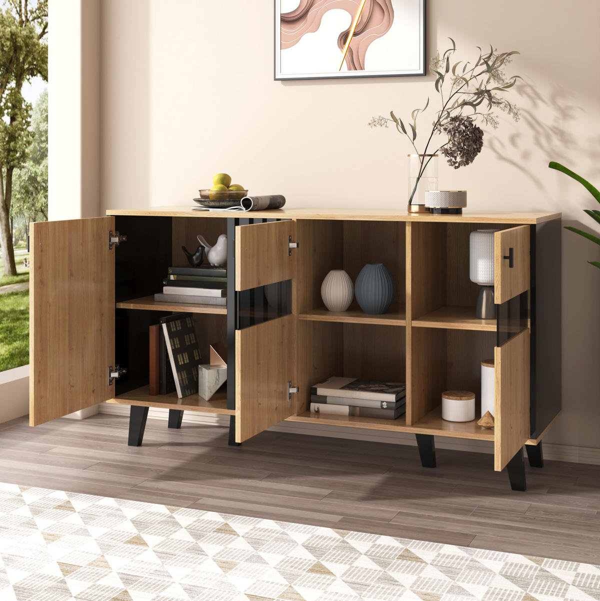 SIDEBOARD 140/41/78,5 cm Natur/Schwarz aus Glas und Spanplatte mit LED - Naturfarben, Holzwerkstoff (140/78/41cm) - OKWISH